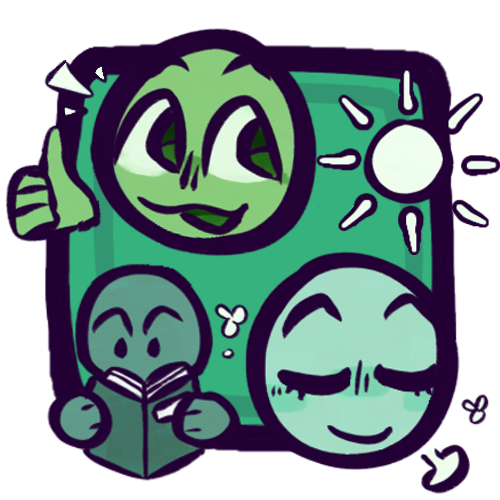  Three emojis or smiley faces, each a different shade of green, and a pastel yellow-green icon of the sun, all in front of a green square. The faces are: A happy, smiling face giving a thumbs up; A focused face reading a book; A calm, content face closing their eyes and gently sighing. 